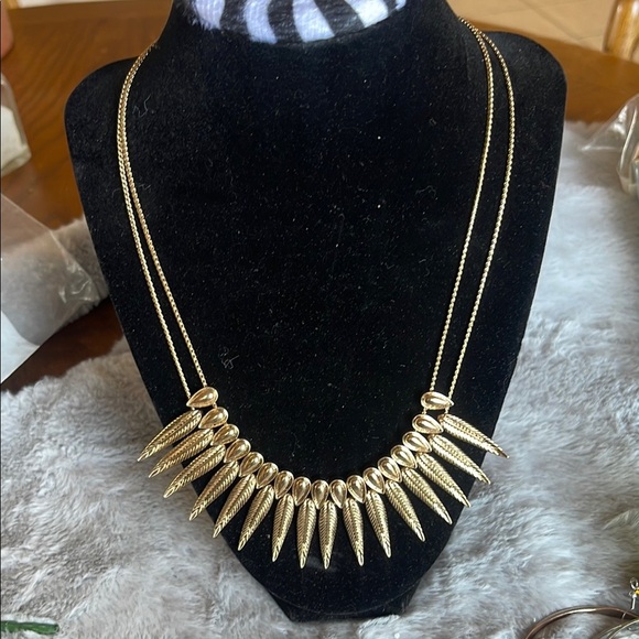 Gold Fringe Necklace with Dimensional Spike Design - Picture 1 of 5